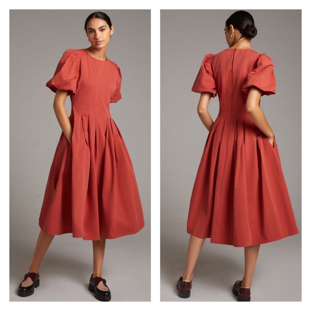 ANTHROPOLOGIE | Eri + Ali Corset Seamed Midi Dress Short Sleeve Puff Sleeve